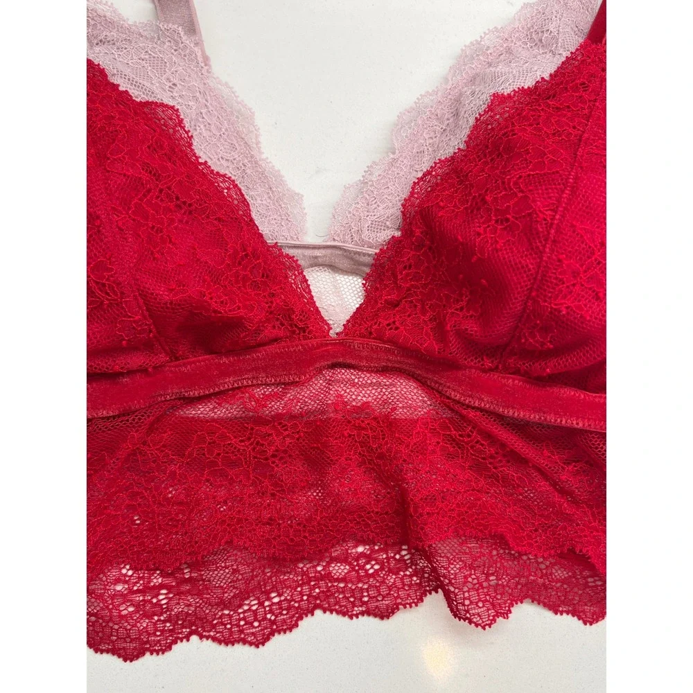 Victoria's Secret Chantilly Lace Long Line Bralette Velvet Strap Large Red Pink